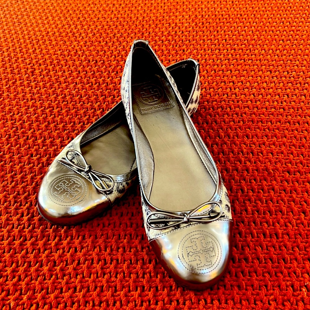 Silver and Animal Print Tory Burch Flats